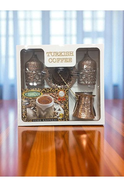 E orient Copper Turkish Coffee Set with Two Cups and Coffee Pot with Wooden Box