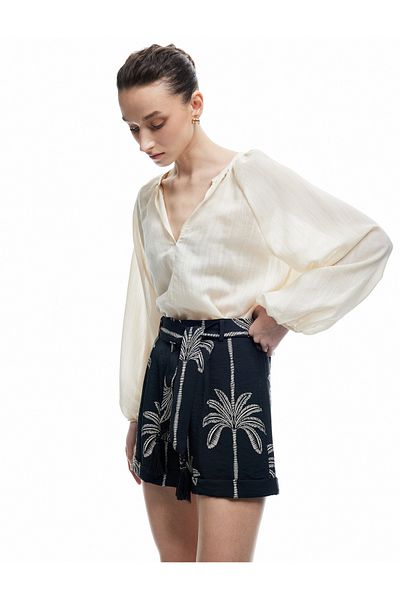Koton New Season Viscose Fabric Belted Palm Patterned Mini Shorts