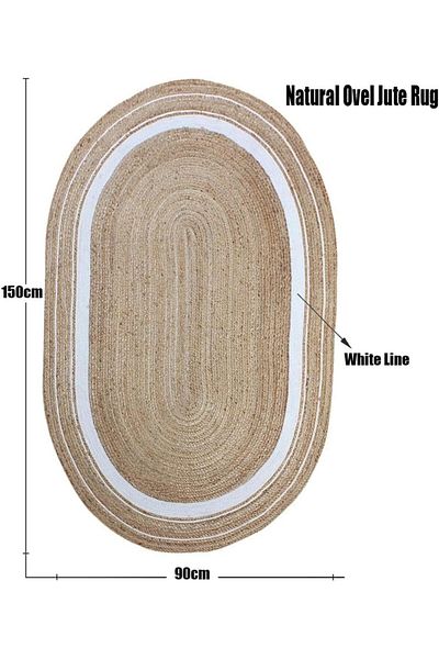 genric FFD 150x90cm Jute Rug Carpet Oval Jute Rug with White Line Design Floor Mat Carpet Jute Door Mat