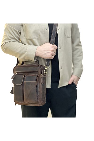 Micutz Men's Shoulder Bag Made of Genuine Hunter Leather, Adjustable Shoulder Straps, Handmade, Dark Brown