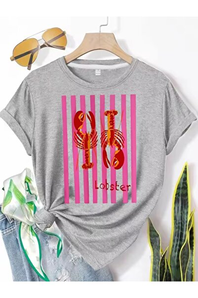 LAYORA Women's Printed T-Shirt - Colorful Lobster and Stripe Pattern |   Fun and Modern Summer Fashion