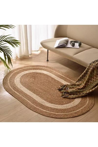 genric FFD 150x90cm Jute Rug Carpet Oval Jute Rug with White Line Design Floor Mat Carpet Jute Door Mat