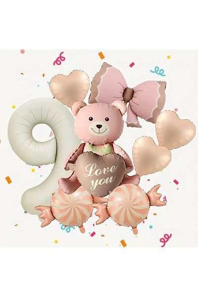 DÜVENCİ TİCARET Pink Ribbon Bear Balloon Set, Candy Heart Number Balloon