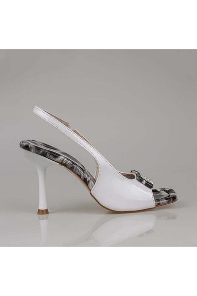 Trend Adımlar White Patent Leather Open Toe Leopard Stone Classic Shoes