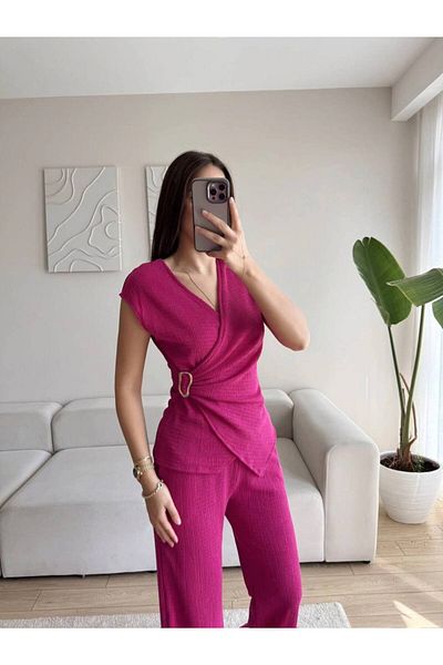 Zoom Butik Buckle Double Breasted Trousers Suit - Fuchia