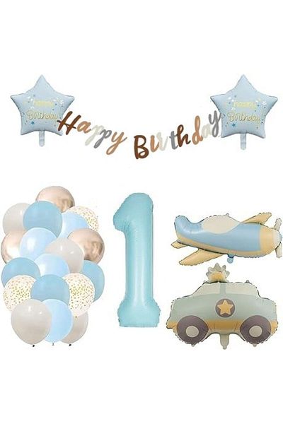 DÜVENCİ TİCARET Airplane Police Car Blue Age Balloon Retro Birthday Set
