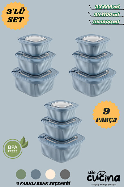 Stile Cucina 9-Piece Vacuum Vip Storage Container Dowry Set Suitable for Microwave and Freezer Use 3X(600-1100-1800 ml)
