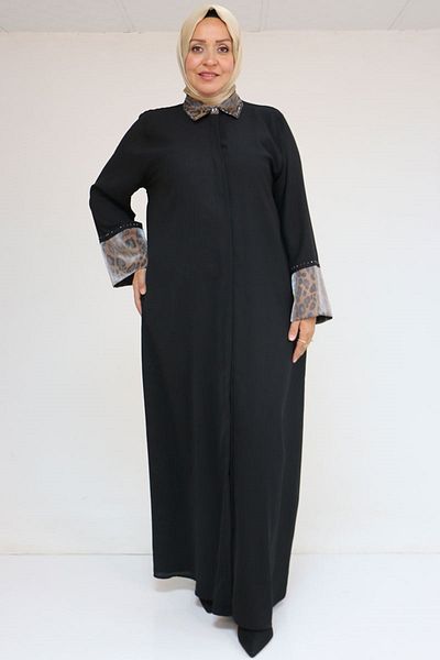 Eslina 56005 Μεγάλο μέγεθος με γαρνιτούρα μανίκι Etamin Abaya Ferace - Μαύρο