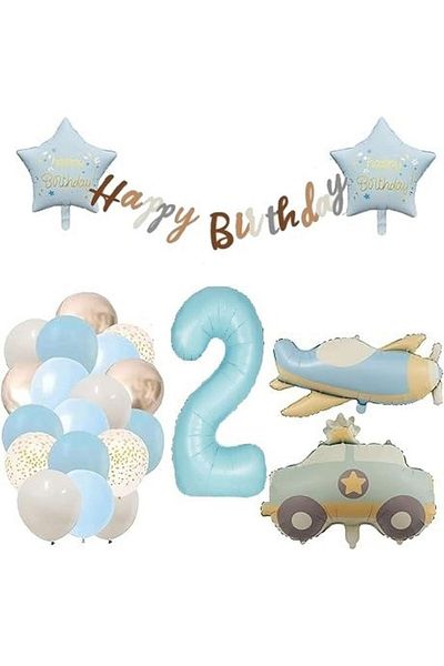 DÜVENCİ TİCARET Airplane Police Car Blue Age Balloon Retro Birthday Set