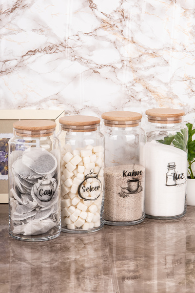 Minya Home 4 Adet 1300 ml Ahşap Vakum Kapaklı Cam Kavanoz Seti Çay Şeker Kahv...