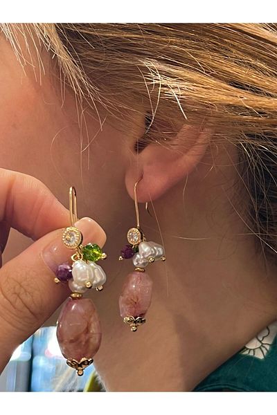 ZRA Hei Pink Natural Stone Look Flower Detailed Sparkling Dangle Daily Use Women's Earrings