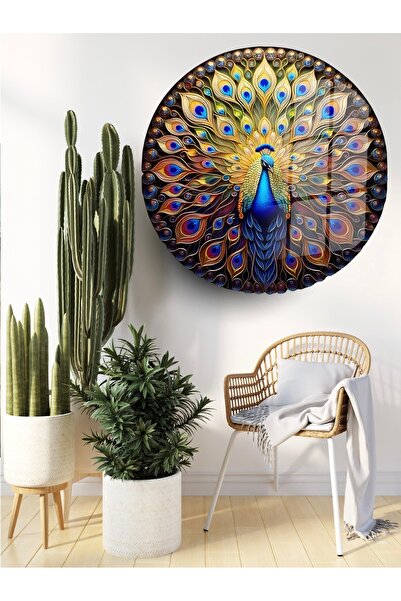 Glit Glass Yuvarlak Cam Tablo - Göz Alıcı Tavus Kuşu ile Doğadan Bir Şıklık