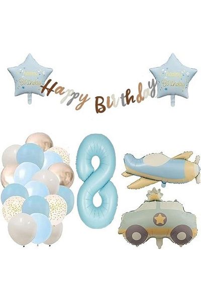DÜVENCİ TİCARET Airplane Police Car Blue Age Balloon Retro Birthday Set