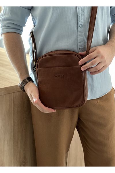 Micutz Always Wild men's shoulder bag: Natural leather, double strap, 22x24x5 cm, Brown color