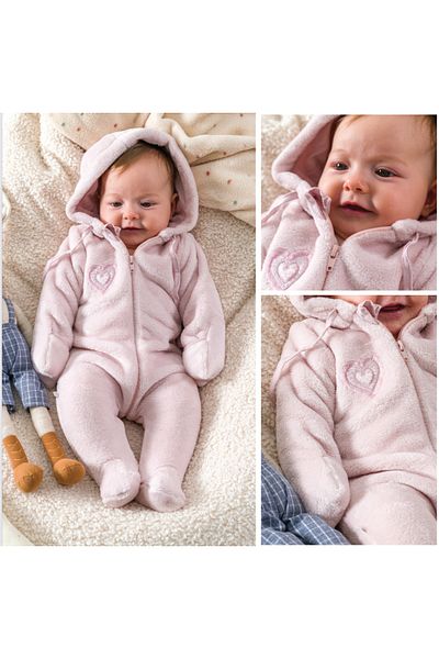 Caramell Baby Girl Plush Hooded Jumpsuit with Gloves - Heart Pattern - Pink (1-9 Months)