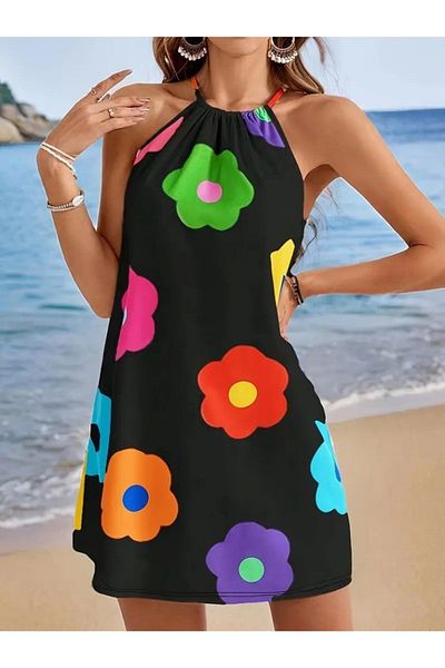 waymoda Women's Halter Strap Sleeveless Floral Print Single Jersey Dress, 25570