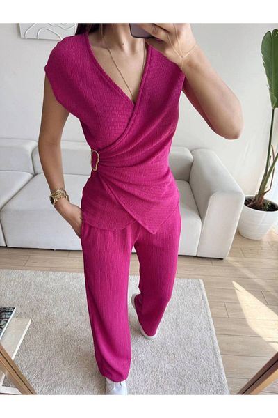 Zoom Butik Buckle Double Breasted Trousers Suit - Fuchia