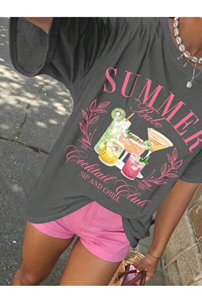 LAYORA Women's Oversize Summer T-Shirt - Summer Cocktail Printed |   Colorful and Fun Summer Style