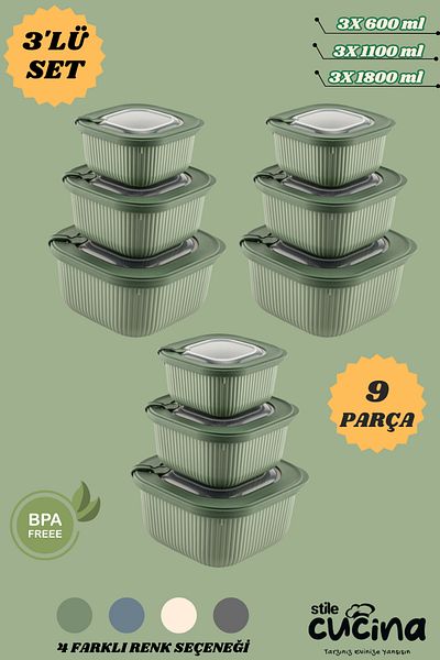 Stile Cucina 9-Piece Vacuum Vip Storage Container Dowry Set Suitable for Microwave and Freezer Use 3X(600-1100-1800 ml)