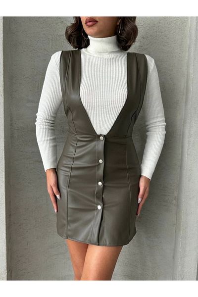By Mop Leather Gilet Dress Khaki W24796