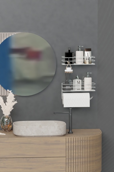 Hill Homes Chrome Silver 2-Piece Adhesive Bathroom Shelf Set – Paper Towel Holder & Shower Organizer Set Bathroom Shelf