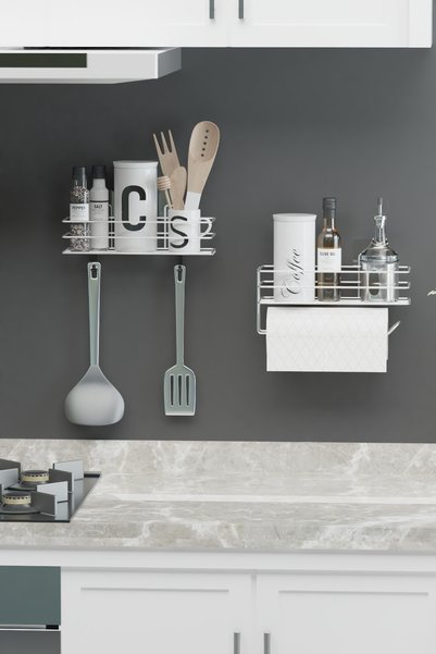 Hill Homes Chrome Silver Adhesive Spice Rack 2 Piece Metal Paper Towel Holder Spice Stand Kitchen Rack