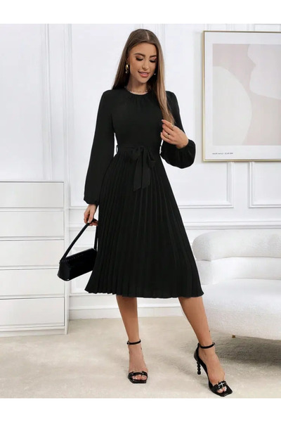 UniqueStore.ro Estela Black dress, elegant midi with pleated look
