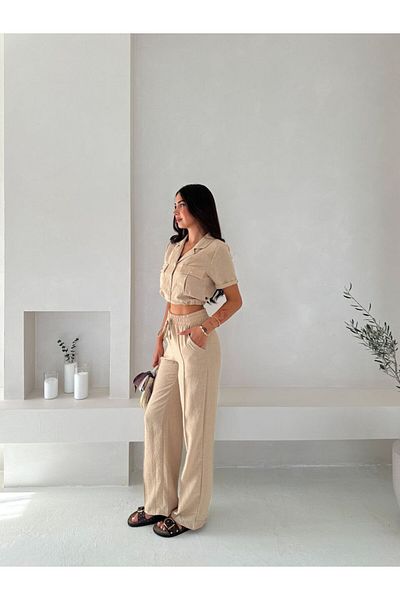 WellWay Imported Linen Fabric Thread Detailed Crop Shirt & Trousers Double Set - Beige