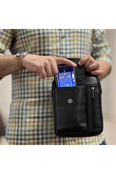 Micutz Men's Shoulder Bag Made of Genuine Leather, Smartphone Compartment, Handle, Removable Straps, Black