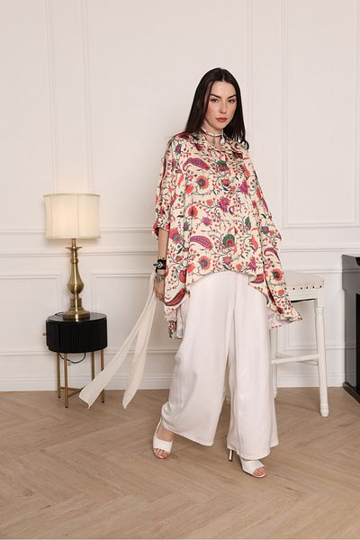 MEEMSEEN INDEPENDENT Floral Fest Ivory Silk Poncho Tunic