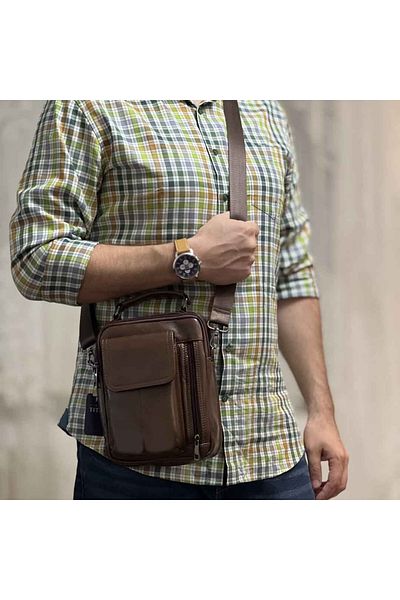 Micutz Men's Shoulder Bag Made of Genuine Leather, Smartphone Compartment, Handle, Removable Straps, Brown