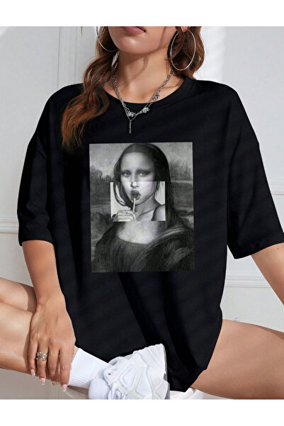 LAYORA numele tău este supradimensionat tricou - artă modernă și Mona Lisa cu imprimeu |   Stil și aspect diferit