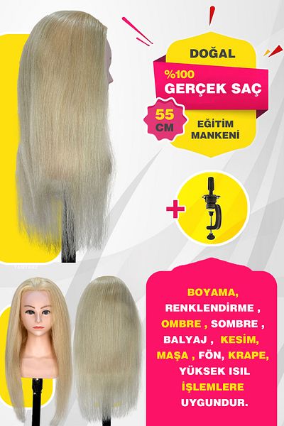 TAM TARZ 100% Real Hair Shoulder Hairdresser Training Mannequin + Table Apparatus / Platinum / 55 cm