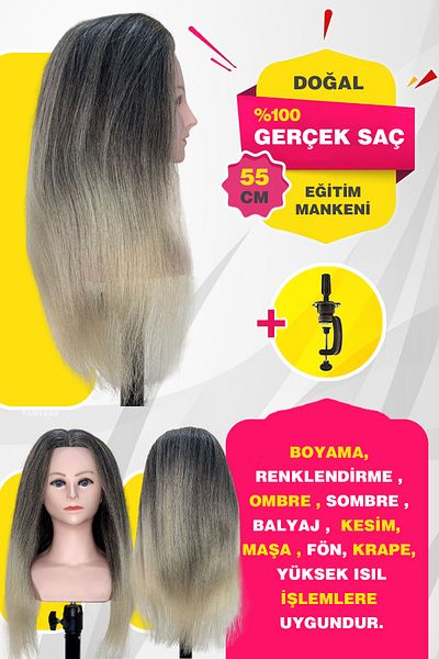 TAM TARZ 100% Real Hair Shoulder Hairdresser Training Mannequin + Table Apparatus / Coffee-Platinum Ombreli / 55 cm