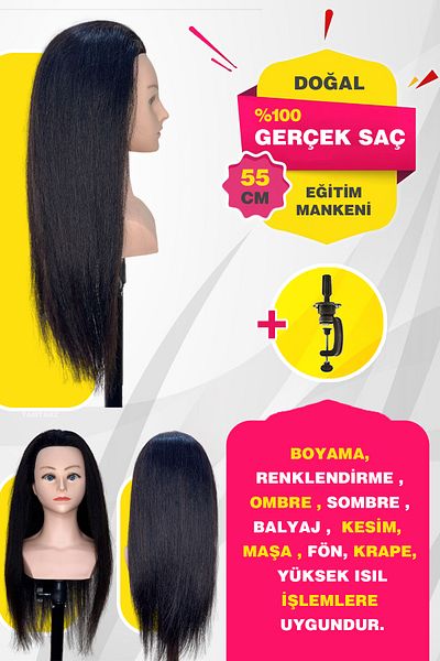 TAM TARZ 100% Real Hair Shoulder Hairdresser Training Mannequin + Table Apparatus / Black / 55 cm