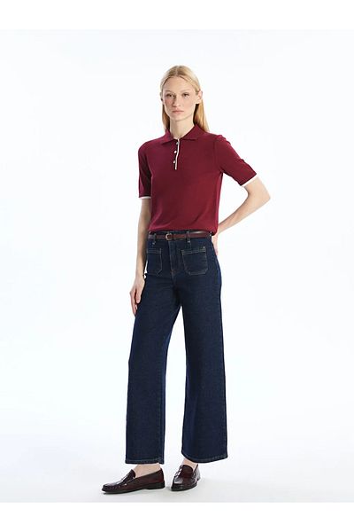 LC Waikiki LCW Jeans Indigo Wideleg Γυναικείο Jean Παντελόνι με Ζώνη μέσης