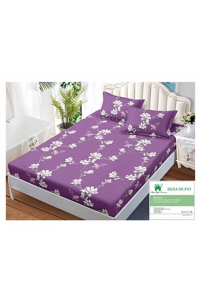 FIONNA.RO Duvet Cover with Elastic and Pillowcases 140x200cm - Lilac with White Flowers
