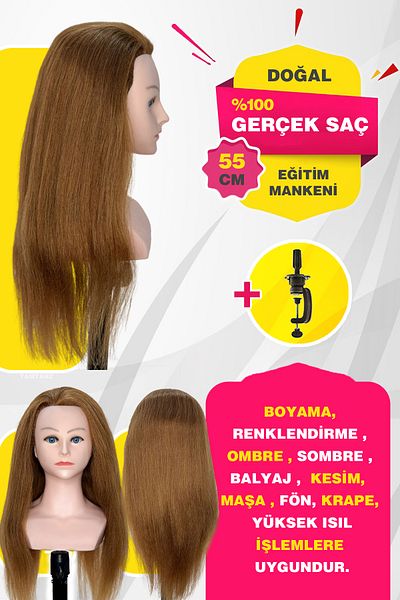 TAM TARZ 100% Real Hair Shoulder Hairdresser Training Mannequin + Table Apparatus / Caramel / 55 cm