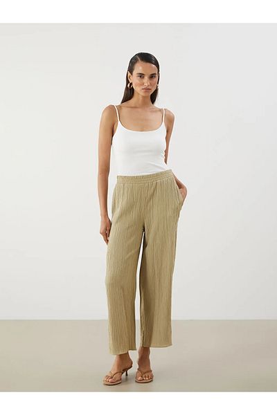 LC Waikiki Lcwaikiki Classic Khaki Elastic Waist Textured Women's Trousers