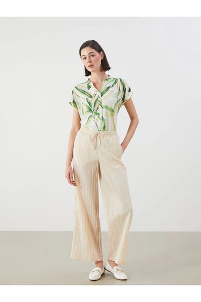 LC Waikiki Lcwaikiki classic beige elastic waist textured wide leg women's pants