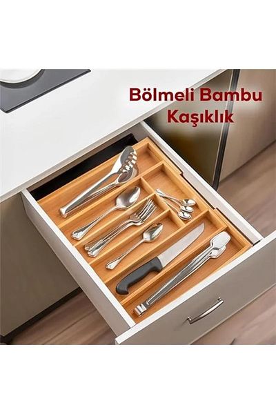 Mu Art Ahşap M9263-55 Ρυθμιζόμενο μέγεθος 5-7 τμημάτων Μπαμπού Μπαμπού Κουτάλια - Οργανωτής κουταλιών στον πάγκο μέσα στο συρτάρι