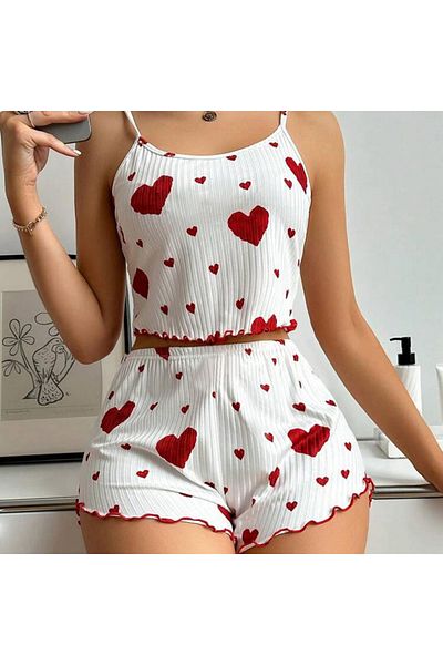 ماركة غير محددة Women's White Heart Print Bra and Mini Shorts Set