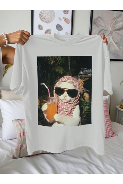 LAYORA Tricou pentru femei supradimensionat - Funny pisică și Dinozaur cu imprimeu |   Stil de vară distractiv și diferit