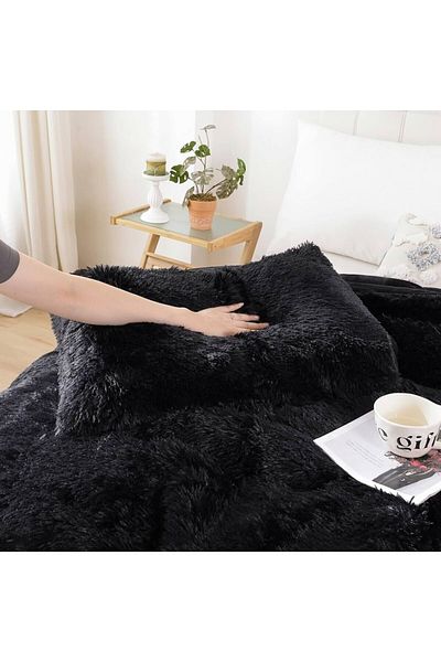 Comfy SOFT & FLUFFY FAUX FUR 6 PC COMFORTER SET KING SIZE BLACK