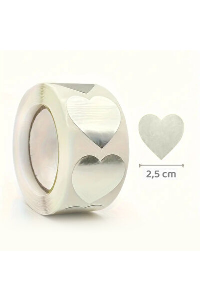 hdcw 500 ADET 2,5 cm RULO YAPIŞKANLI GÜMÜŞ YALDIZ BASKILI KALP STICKER ETİKET HEDİYE PAKETLEME