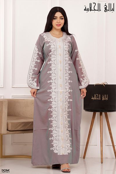 Lyaly aljlabyh Elegant women's caftan from "Layali Al Jalabiya", Moroccan design decorated with white sfifa embroidery, cool fabric suitable for summer