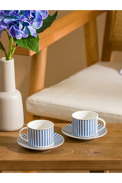 LC Waikiki Lcw Home Blue Line Patterned Coffee Cup Set for 2 People 90 m