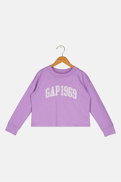 GAP Kids Girl Crew Neck Long Sleeves Graphic Print T-Shirt, Purple