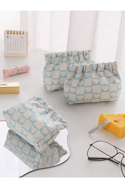 synshop Blue White Heart Makeup Pad Cosmetic Bag Organizer Organizer Μαγνητικό κλείσιμο Αδιάβροχο