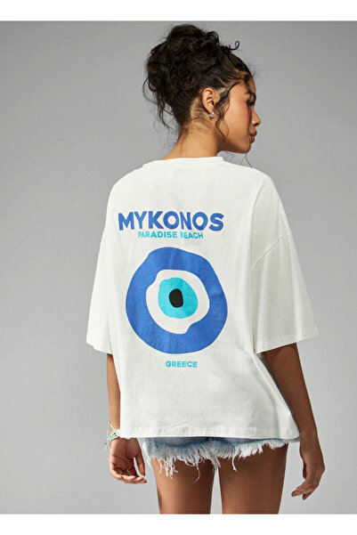 LAYORA Tricou pentru femei supradimensionat - Mykonos Paradise Beach Grecia cu imprimeu |   Design confortabil și elegant pentru vară